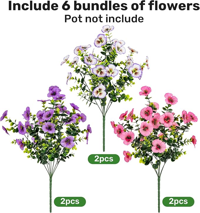 17 Inch Artificial Faux Pansy Flowers for Outdoor,Fake Pansies Flowers with Eucalyptus Leaves Fake Plants Greenery Boxwood Porch Patio Decor 6 Bundles(Light Purple,Pink,Light Purple White)