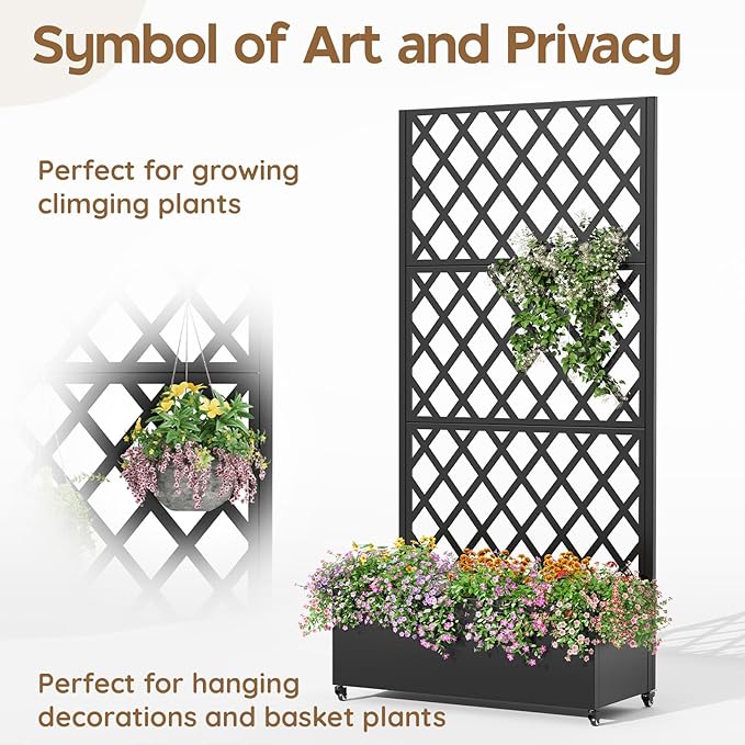 Metal Planter Box with Trellis,72"x35"x15",Galvanized Raised Garden Bed Trellis Outdoor Planter with Privacy Screen & Wheels and Drainage Holes,for Patio Climbing Vegetables,Flowers,Vines,Black