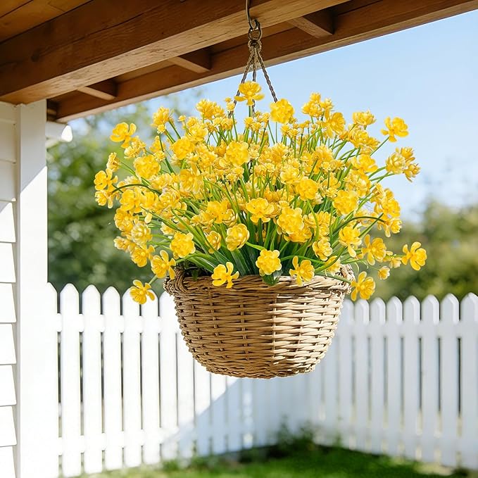 TURNMEON 12 Bundles Artificial Flowers for Outdoors Summer Decor, Realistic UV Resistant Fake Plants Faux Plastic Flowers for Outside Planter Home Gardens Porch Yards Spring Cemetery Decor(Yellow)