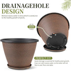 4 Pack 10 inch Plant Pot for Outdoor Indoor, Plastic Flower Pots with Drainage Holes & Saucers, Lightweight Large Outdoor Planter Pot, Imitation Knit Pots for Garden House Planters (Black Copper)