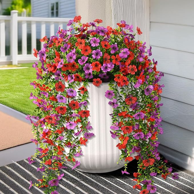 Artificial Hanging Flowers for Outdoors, 2 Pcs Fake Hanging Plant Spring Summer Decor, UV Resistant No Fade Faux Silk Daisy Flower for Planter Front Door Porch Patio Yard Garden(Red Purple)