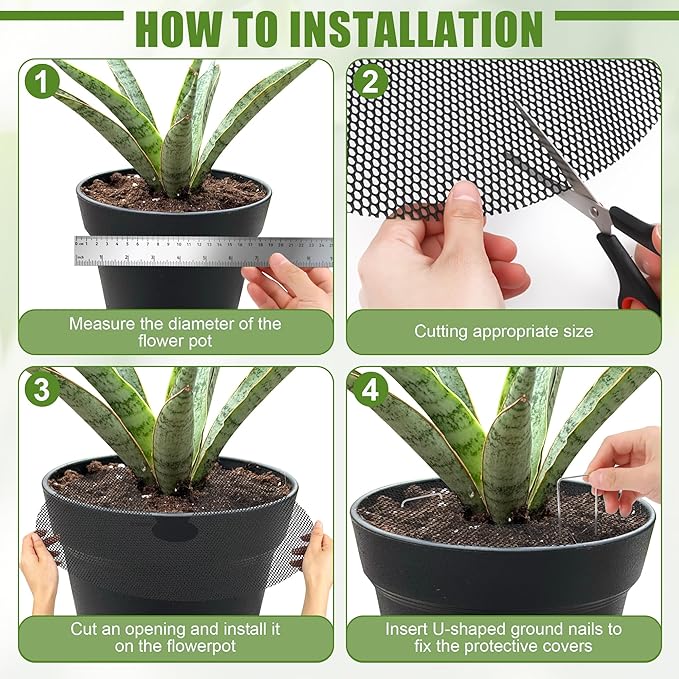 Catcan Plant Pot Soil Covers, 4Pcs 15.7 Inch Animal Barrier Protectors for Indoor Outdoor Potted Plants, Includes Scissors, Marker, Plant Labels & Ground Pegs