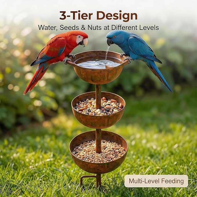 Metal Rainwater Collector Garden Stake, Outdoor Garden Plant Support | 2026 Model New Three-Tier Bird Bath and Butterfly/Bee Watering Station, Garden Decorative Ornament, 26.7 inches 1pcs