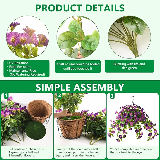 Homsunny Artificial Hanging Fake Flowers with Basket Plants for Outdoor Decoration, Faux Silk Flower UV Resistant Morning Glory for Home Porch Patio Garden Balcony Yard Look Real (Purple)
