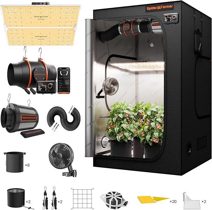 Spider Farmer SF4000 Grow Tent Kit Complete 4x4x6.6ft Samsung LM301H EVO LED Diodes, 450W Grow Light Complete System Grow Tent Set 48"x48"x80" with 6" Ventilation System GGS Smart Controller 2025