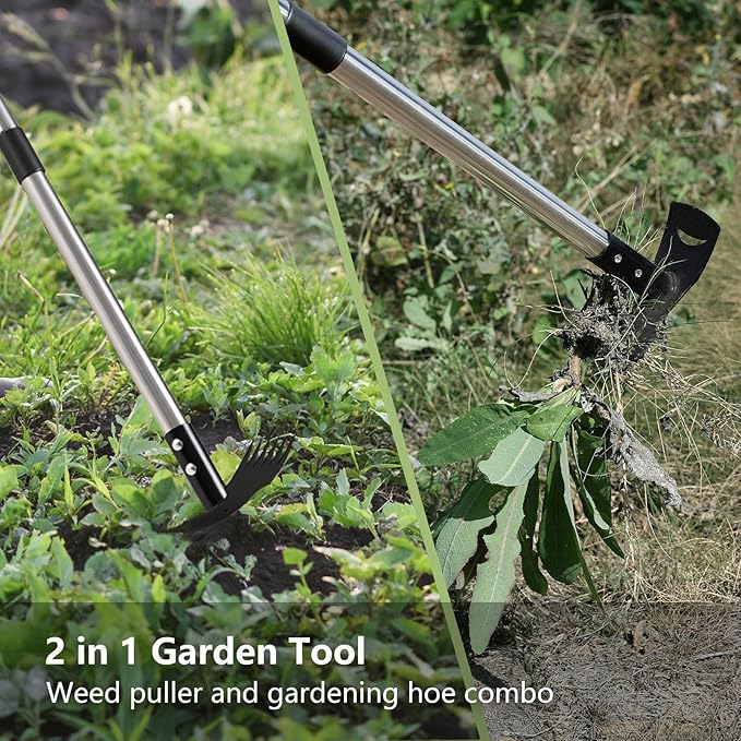 Mitclear Weed Puller Tool with Long Handle(58IN), 2-in-1 Gardening Hand Tools Weeds Remover, Weeder Rake & Garden Hoe Combo, Manual Weeding Puller Tool for Garden Yard Patio Lawn