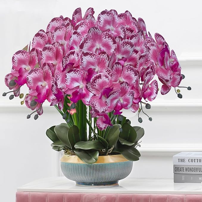 FagusHome 32 Inch Artificial Phalaenopsis Flowers 6 Pcs Artificial Orchid Flowers Stem Plants for Home Décor (Pink Piebald)