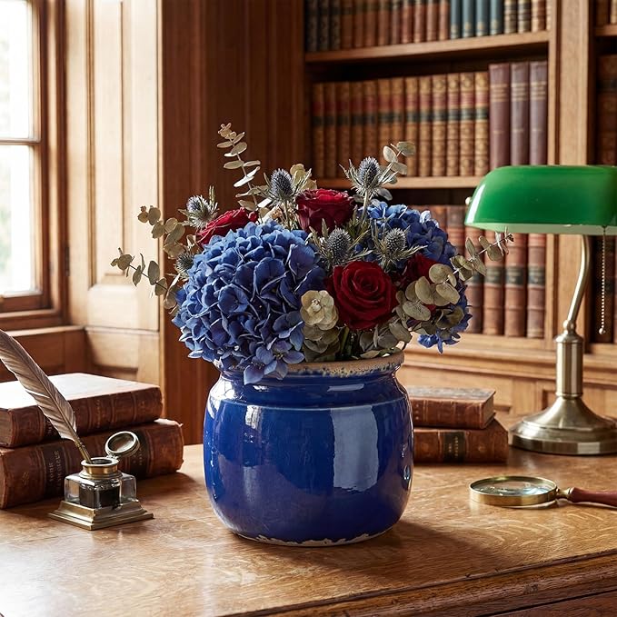 7.7" Large Ceramic Plant Pot Navy Blue Vintage Planter Crackle Glaze Decorative Coastal Flowers Pot with Drainage for Indoor Outdoor Plants Home Shelf Kitchen Office Patio Decor Gift
