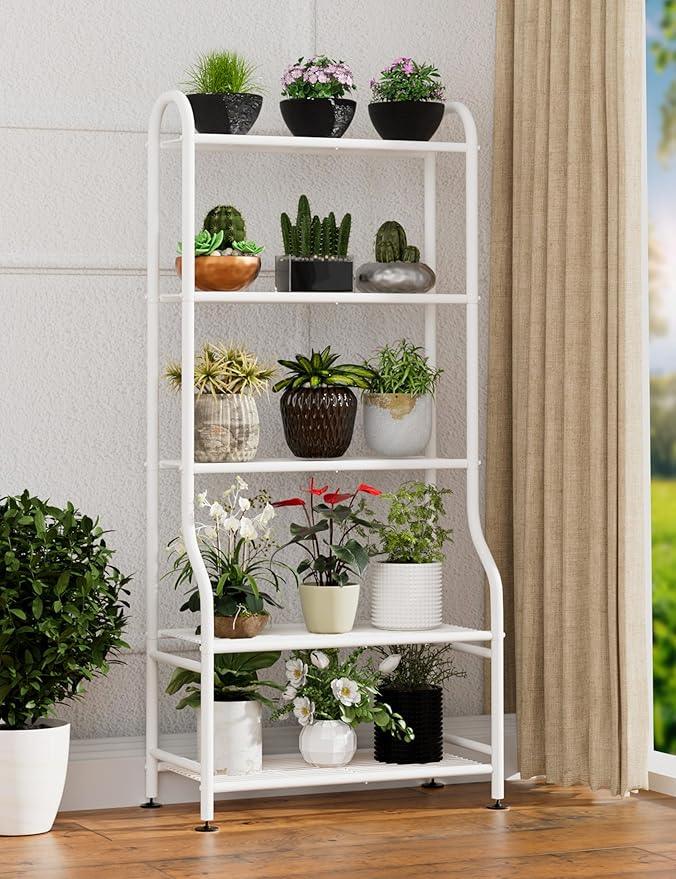 5-Tier Metal Plant Stand - Heavy Duty Indoor Outdoor Flower Shelf for Multiple Pots, 65" Tall Vertical Holder with Adjustable Leveling Feet & Wall-Fixing Kits, White