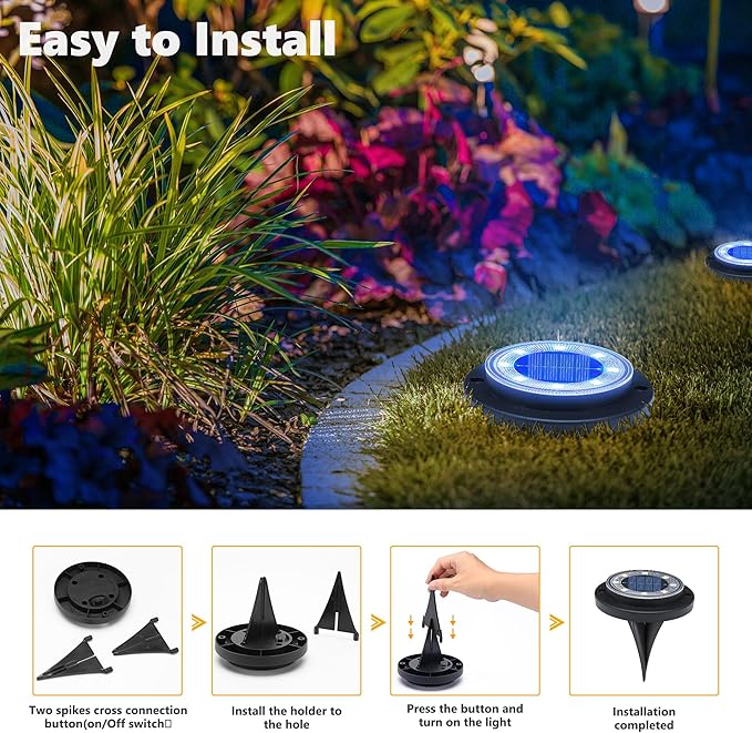 Flacchi Solar Lights Outdoor Waterproof - 2-in-1 Solar Powered Ground Lights Outdoor Solar Disk Light Landscape Light for Deck Step Patio Yard Pathway Walkway Driveway Garden (Blue, 2 Pack)
