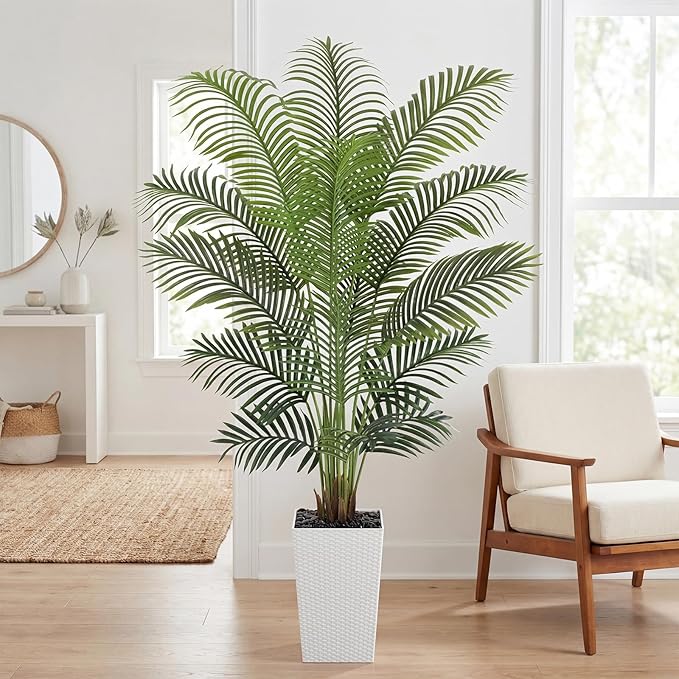6ft Artificial Palm Tree with White Planter - Tall Fake Palm Tree Indoor Fake Tropical Plant for Home Office Living Room Bedroom Modern Decor