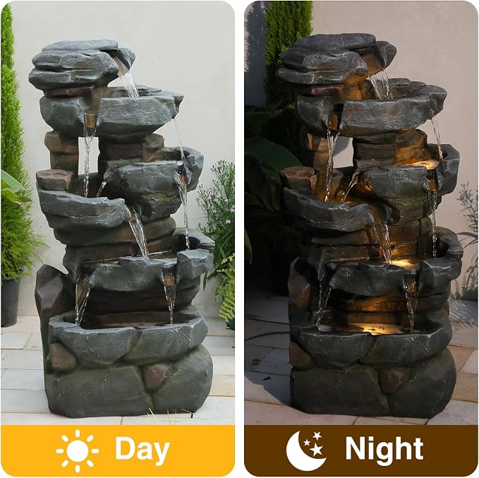 Sunlinua 42" H Outdoor Water Fountain with 5 Tiers Large Cascading Realistic Tree Trunk Waterfall Fountains with LED Lights Outdoor Water Fountain for Garden Patio Backyard Porch Home Decor