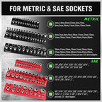 6-piece Magnetic Socket Organizer Set, Metric & SAE Drive Socket Holder, Includes 1/4", 3/8", 1/2", Holds 143 Pieces Magnetic Trays Red Black
