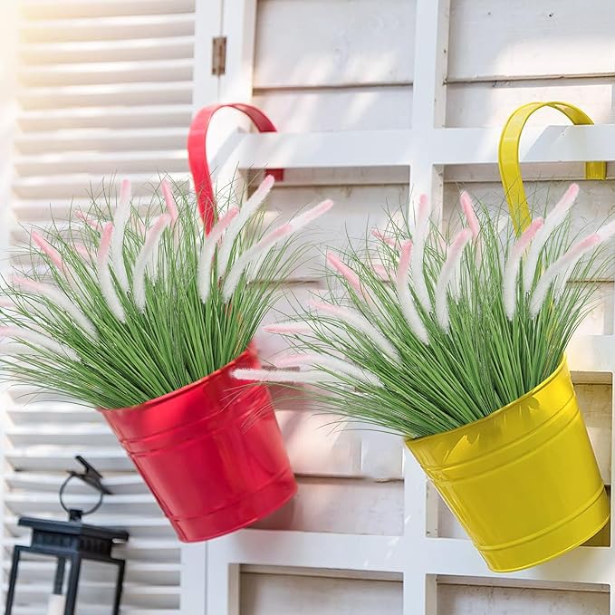 24PCS Artificial White Pink Tip Dog Tail Grass Onion Grass UV Resistant Outdoors Faux Shrubs Ornamental Wheat Grass Cattails Faux Bushes Home Decor for Outdoor Garden