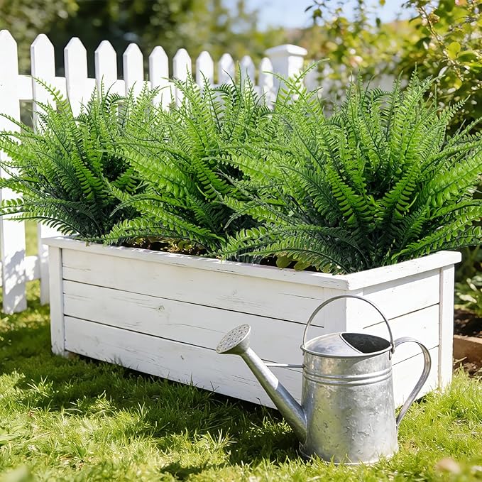 TURNMEON 8 Bundles Ferns Artificial Plants Outdoor 17 Inch Long Length Summer Decor, Artificial Flowers for Outdoors UV Resistant Fake Plants Plastic Faux Greenery Shrubs for Planter Home Garden Decor