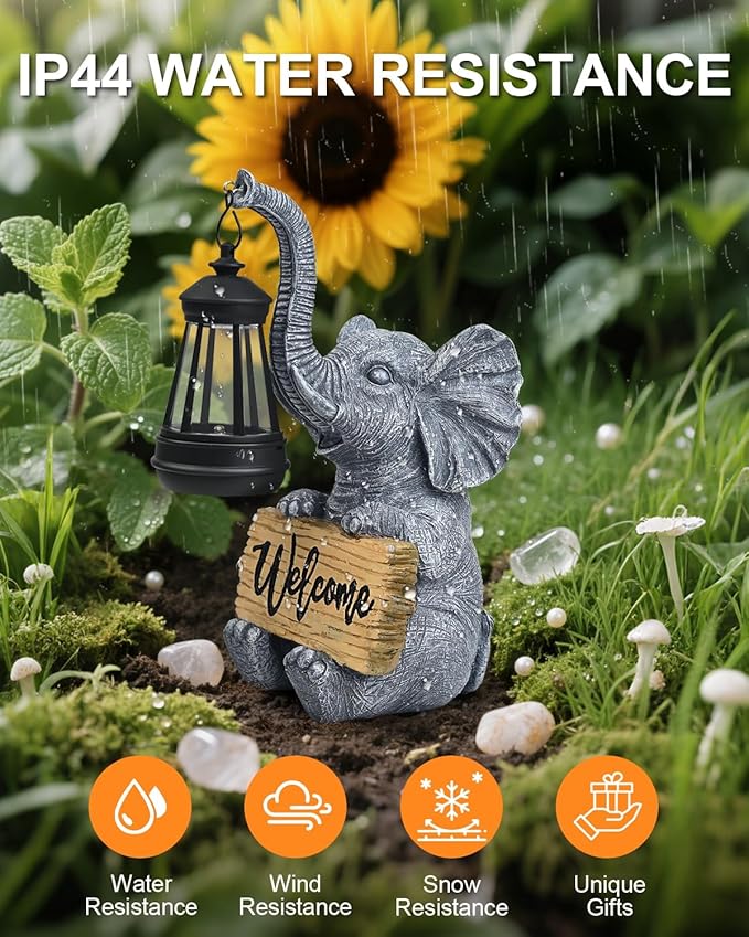 Outdoor Elephant Statues Solar Garden Decor Lights - Elephant Decoration for Garden, Balcony, Patio, Yard, Lawn - Housewarming, Fathers Day, Unique Birthday Gifts for Women Mom Grandma(Black)