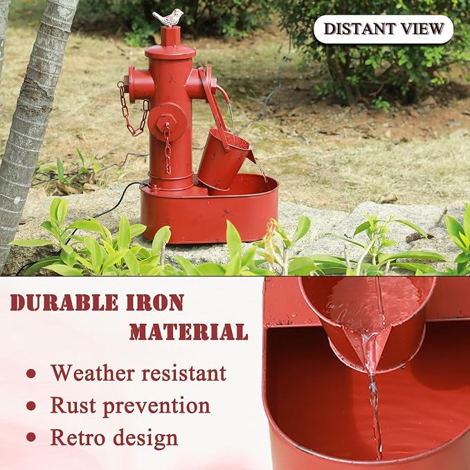 Metal Fire Hydrant Solar Water Fountain with Backup Battery,Solar Powered Water Fountain Outdoor,Solar Fountain Bird Bath for Garden, Patio & Yard Decor,Working at Night for at Least 6 Hours (red)