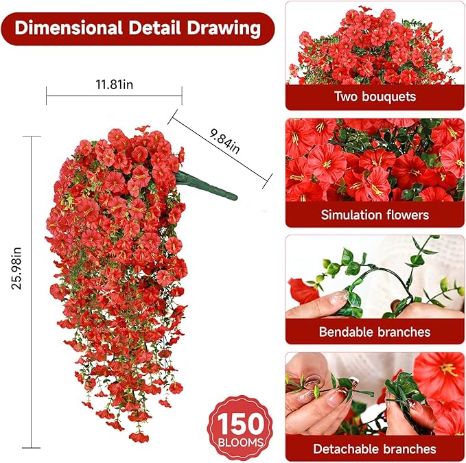 Artificial Hanging Flowers for Outdoors, 4 PCS 600 Blooms UV Resistant Morning Glory Faux Silk Vines, No-Odor Realistic Fake Plants for Garden Planter Porch Patio Decoration, Red