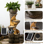 4 Tiered Solar Water Fountain Outdoor Garden, 35.6" Tall Cascading Bowl Leaf Carved Outdoor Waterfall Fountains Modern Water Feature with Dual Planters for Garden, Patio, Deck, Yard, Indoor Decor