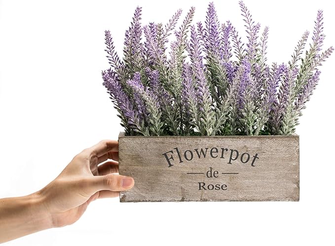 Velener Purple Artificial Lavender Flowers with Decorative Tray Wooden Box 9 Inches - Lifelike Faux Lavender Plants for Home and Office Decor, Fake Lavender Rustic Farmhouse Style