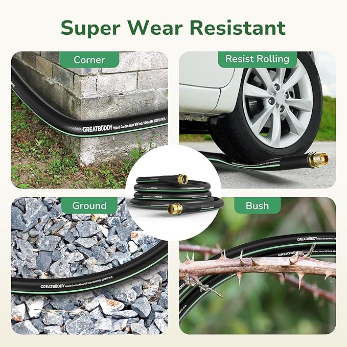 GreatBuddy Garden Hose 25ft, 5/8" Water Hose Heavy Duty, Flexible, Lightweight Hybrid Hose, Burst 600 PSI with Solid Brass Male to Female Fittings Leakproof Hose for Backyard, Garden