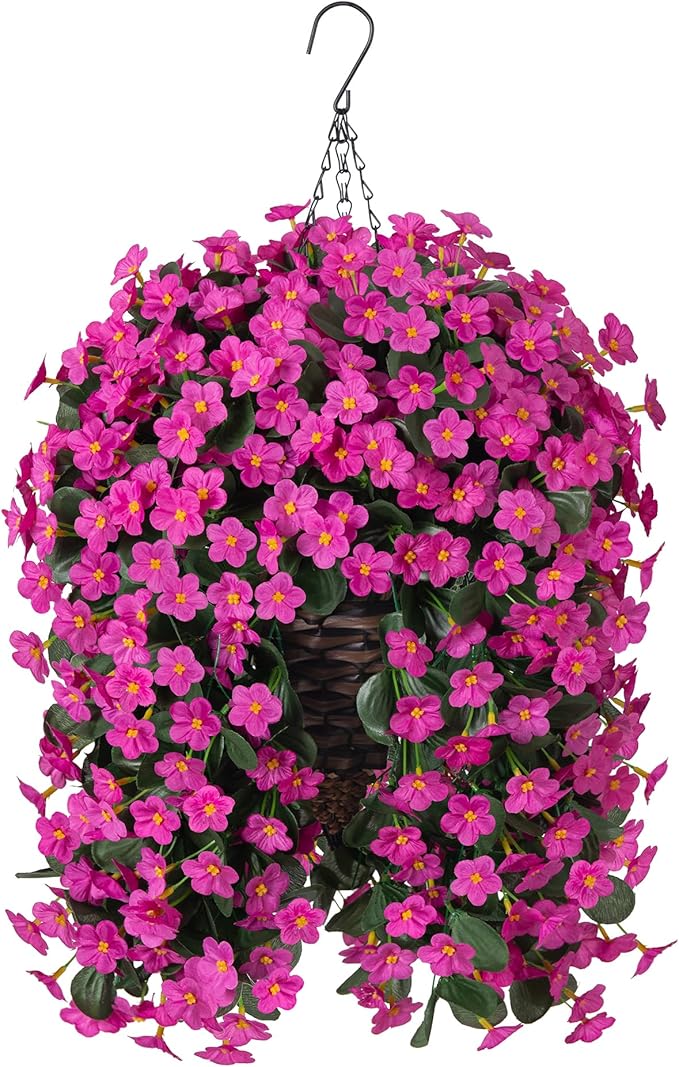 Artificial Silk Hanging Flowers Plants Baskets for Outdoor Decoration, Spring Outside Decoration, Fake UV Resistant Look Real Fuchsia Orchid Trailing Vines for Porch Patio Home