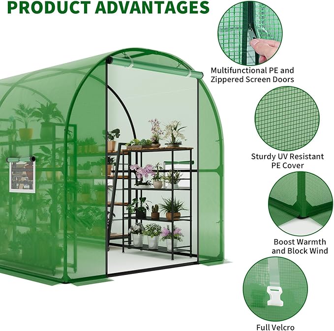 GarveeLife 8.2x6.6x6.6 ft Premium Greenhouse for Outdoors,Upgraded Portable Walk-in Heavy Duty Frame Large Garden Plant Hot Outside Hoop House,Green