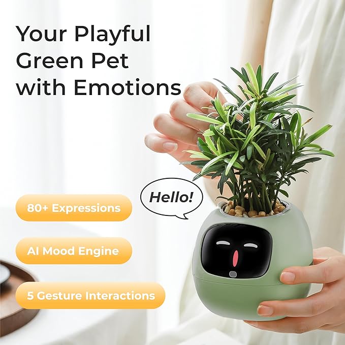 Smart Pet Planter, Smart Plant Pot, With Artificial Intelligence, Time Weather Display, And Multiple Expressions Animation,Lovely Plant Companion, For Desktop Decoration, Gifts,Plant-Free (Mint)