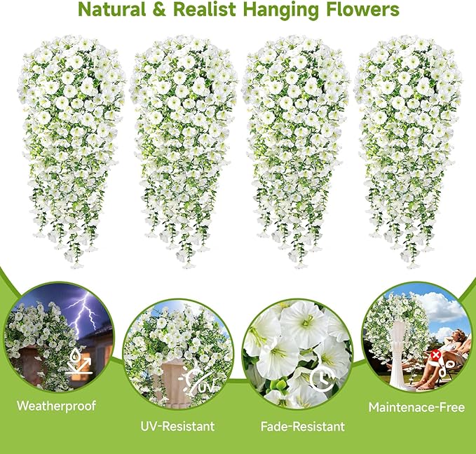 Artificial Hanging Flowers for Outdoors, 4 PCS 600 Blooms UV Resistant Morning Glory Faux Silk Vines, No-Odor Realistic Fake Plants for Garden Planter Porch Patio Decoration, White