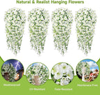 Artificial Hanging Flowers for Outdoors, 4 PCS 600 Blooms UV Resistant Morning Glory Faux Silk Vines, No-Odor Realistic Fake Plants for Garden Planter Porch Patio Decoration, White