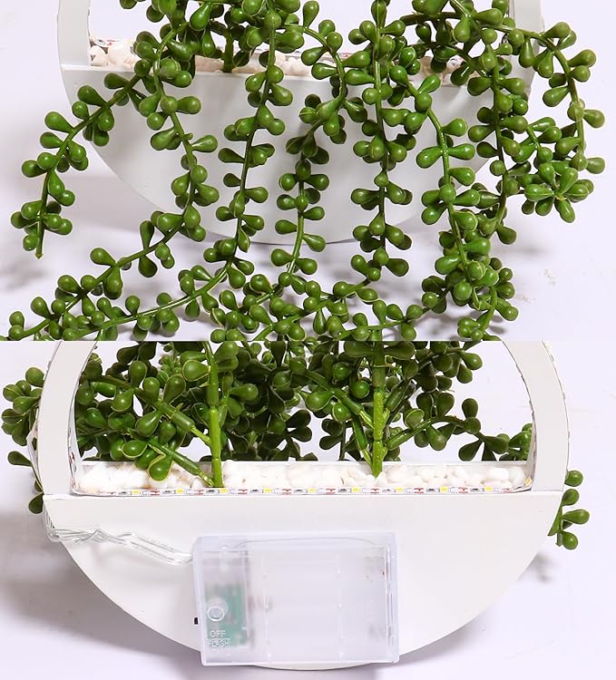 Comtelek 2pcs Artificial Hanging Plants with Lights Fake Succulents Plant in Pot Boho Wall Decor Fake String of Pearls with Lanyard for Bathroom Living Room Home Balcony Ceiling (White)