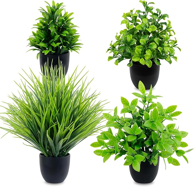 LOYWREE 4 Pack Mini Fake Plants Small Artificial Greenery Potted Plants in Black Pots for Home Office Desk Table Bathroom Farmhouse Room Decor