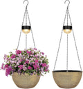 BAYN 2 Packs Solar Hanging Basket Planters for Plants Outdoor, Self Watering Copper Flower Plants Pots with Solar Light Drainer for Balcony Patio Garden Outdoor Decoration