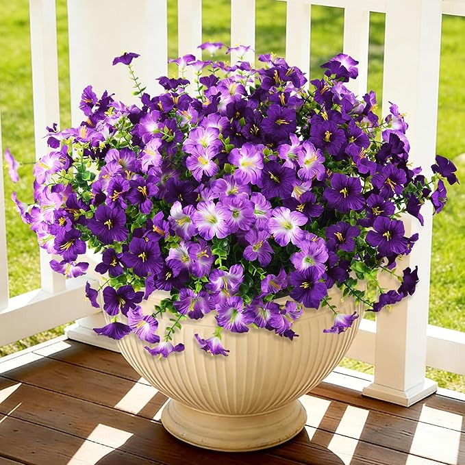 Artificial Flowers for Outdoors Fake Plants Spring Summer Decoration, 12 Bundles Faux Petunias UV Resistant Realistic Silk Flower for Outside Planters Patio Porch Yard Window Box (Double Purple)