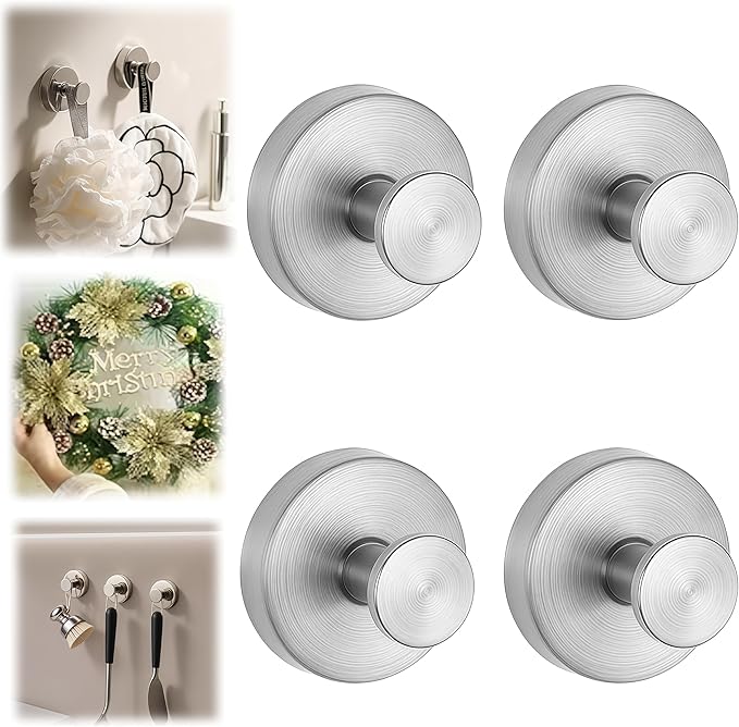 Suction Cup Hooks for Wreaths on Glass, Suction Cup Hooks for Inside Shower, Wreath Hangers for Front Doors, Metal Towel Hooks for Showers Bathrooms Mirrors (4, Sliver)