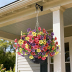 Artificial Flower & Eucalyptus with Hanging Basket - 2PCS Faux UV Sun Resistant Morning Glory in Planter, Fake Colorful Silk Flowers for Spring Summer Porch Patio Balcony Yard Decor (Mixed Color)