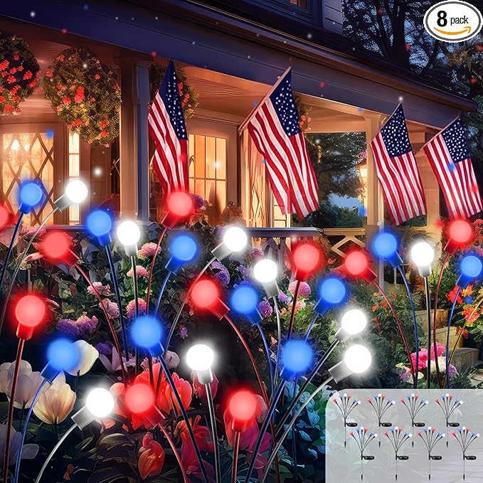 Upgraded 8 Pack Red White and Blue Solar Firefly Lights, 4th of July Solar Lights Patriotic Garden Lights Waterproof for 250th Anniversary National Day, Independence Day, Yard, Patio, Lawn Decorations