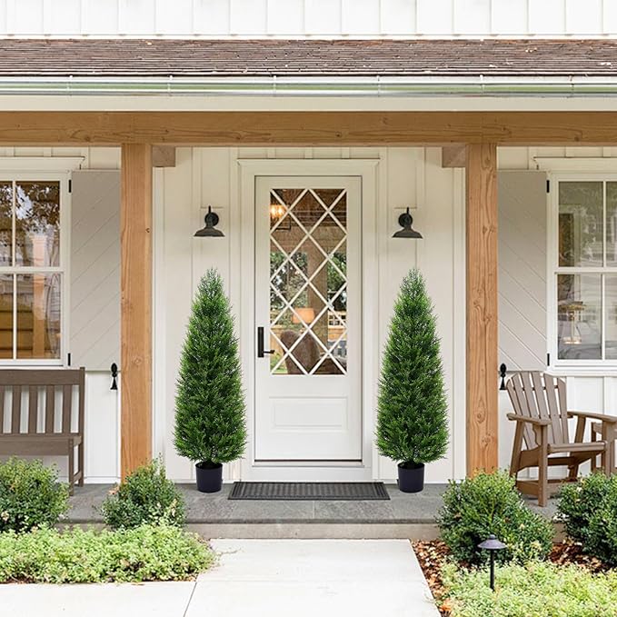 2Pack 5ft Outdoor Artificial Cedar Topiary Trees, All-Weather Faux Pine for Home Porch Entryway Decor