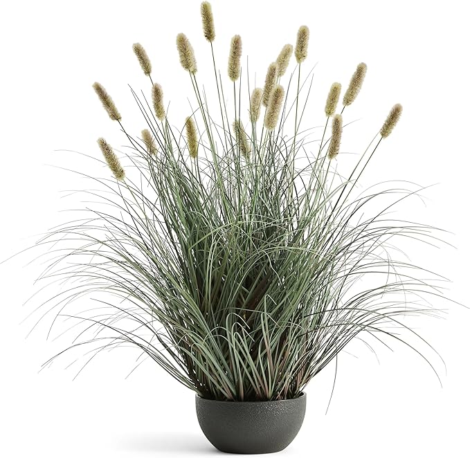FloraFairy 3ft Onion Grass, Extra Lush Artificial Plant and Greenery, Fake Floor Plants Indoor Outdoor, Potted Faux Green Bristlegrass with Spikes, Horsetail Reed Grass, House Decorative