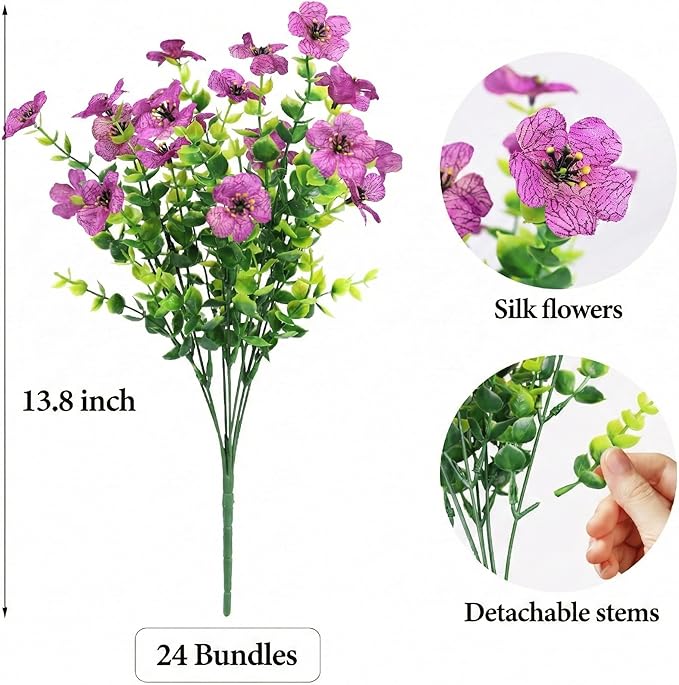 ATTGREAT Artificial Flowers Outdoor Faux Plants UV Resistant Fake Patio Flowers Plastic Greenery Plnats Outside Bulk for Spring Garden Hanging Planter Home Vase Decor, 24 Bundles (Purple)