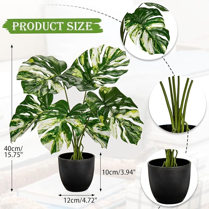 Briful Fake Plants Variegated Monstera Leaves Faux Plant Indoor in Black Pot Artificial Potted Plant Houseplant for Home Decor Patio Farmhouse Kitchen Bathroom