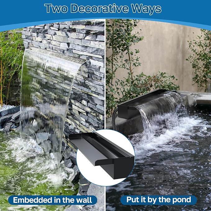 POPOSOAP 24 Inch Pond Waterfall Spillway with 1200GPH Pump, 304 Stainless Steel Pond Waterfall Kit with 9.8FT Corrugated Tube, Pond Waterfall Box for Outdoor Pond Waterfall System Garden Decor-P46