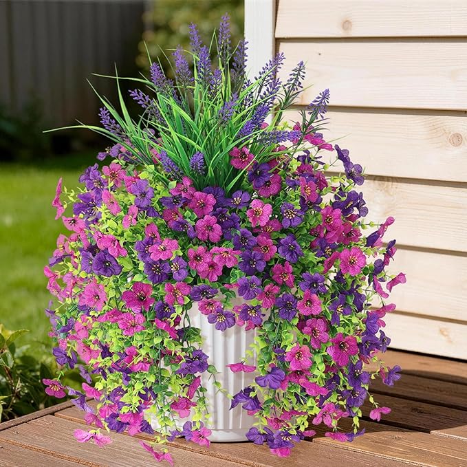 Artificial Fake Hanging Flowers Plants for Outdoor Outside Decoration, Faux Silk Daisy Flower Realistic UV Resistant for Front Porch Patio Balcony Garden Yard Indoor Planter Home Decor(Purple)