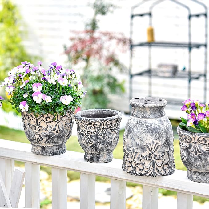 Sungmor 7.3 Inch Cement Plant Pot for Plants, Succulent Planter with Embossed Design, Vintage Concrete Flowerpots with Drainage Hole, Decorative Orchid Houseplant Pot Indoor Outdoor Plant Container