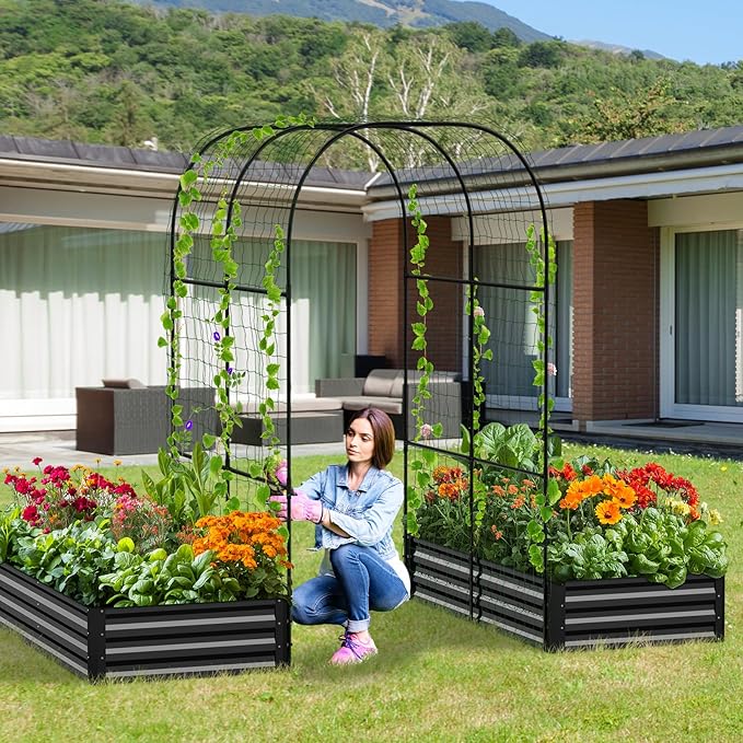 3 in 1 Galvanized Raised Garden Bed with 87" H Arch Trellis for Climbing Plants, Outdoor Gardening Planter Box with Climbing Net for Flower Vegetables Fruits Herbs, Black