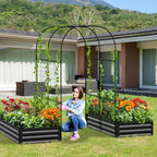 3 in 1 Galvanized Raised Garden Bed with 87" H Arch Trellis for Climbing Plants, Outdoor Gardening Planter Box with Climbing Net for Flower Vegetables Fruits Herbs, Black