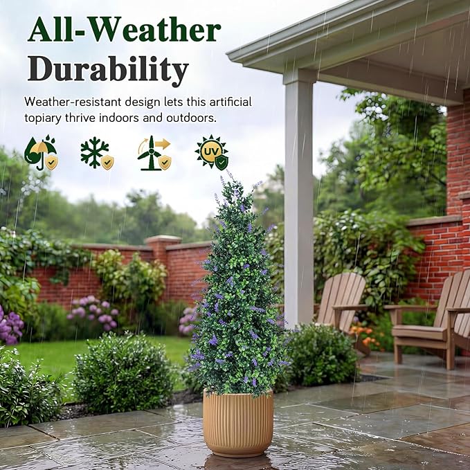 PATIO CHOICE 3ft Artificial Topiary Trees with Lavender Set of 2 Outdoor Faux Plants Artificial Realistic Fake Bushes Decorations for Outdoor Front Porch Garden (Lavender, 36in)