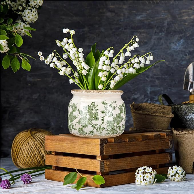 4.7" Small Ceramic Plant Pot Beige Green Vintage Floral Crackle Glaze Rustic Flowers Pot Decorative Planter with Drainage for Indoor Outdoor Plants Home Kitchen Office Decor Gift