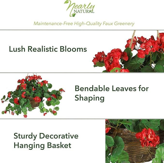 Nearly Natural 24in Artificial Geranium Hanging Basket Faux Floral Plant for Indoor Home Porch Decor, Red