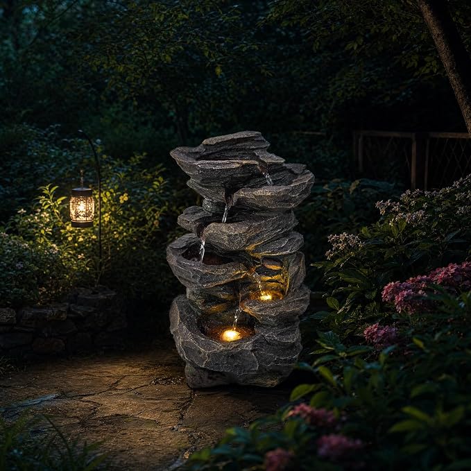 Solarbloom 18.8" H Garden Fountains Outdoor,6-Tier Spiral Cascading Stacked Waterfall Fountain with LED Lights, Freestanding Resin Water Feature for Patio Garden Backyard Deck Home Decor